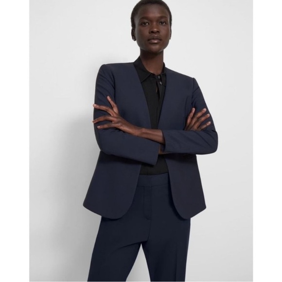Theory Nocturne Navy Blue Good Wool Open Front Lindrayia Blazer Jacket Size 10 - Picture 1 of 8